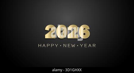 Fond minimaliste du nouvel an avec des numéros dorés 2026 et bonne année sur un fond noir. Illustration de Vecteur