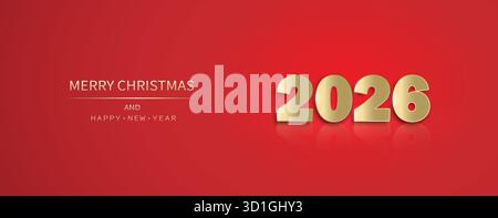 Une bannière rouge pour les vacances de Noël avec les numéros d'or 2026 et l'inscription Joyeux Noël et nouvel an. Illustration de Vecteur