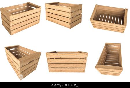 3d conteneurs de stockage de caisses en bois vides isolés Banque D'Images