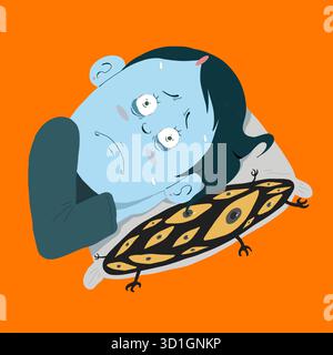 Insomnie monstre illustration. personne dormant sur un oreiller qui se transforme en monstre, symbolisant l'insomnie, l'anxiété et l'esprit agité. Banque D'Images