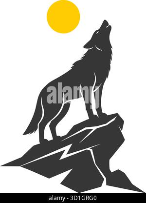 Wolf Howling Silhouette on Rock – scène sauvage spectaculaire avec des éléments de soleil et de montagne Illustration de Vecteur