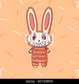 Ensemble de personnages monstres mignons et effrayants. Lapin avec griffes. Mascotte drôle de bêtes kawaii dans le style moderne dessiné à la main. Illustration de Vecteur