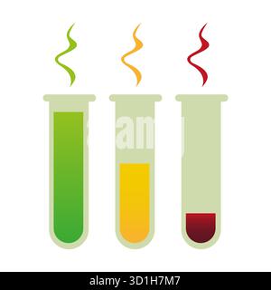 Trois tubes à essai. Vapeurs chimiques colorées. Ensemble d'expériences scientifiques. Présentoir de recherche en laboratoire. Illustration de Vecteur