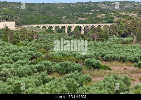 Pont Katouni sur l'île de Kythera, en Grèce, un pont de pierre historique construit en 1826, entouré d'oliveraies et d'une végétation méditerranéenne luxuriante. Banque D'Images