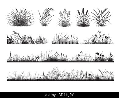 Silhouette d'herbe. Eléments isolés par champ noir. Herbe dessinée à la main au printemps été, style croquis de prairie de parc, plat de dessin animé botanique isolé Illustration de Vecteur