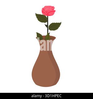 Une seule rose rose rose vif dans un vase en céramique. Illustration vectorielle sur un fond blanc. Illustration de Vecteur