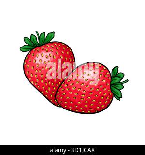 Belle fraise rouge de bande dessinée avec contour noir, symbole de l'été. conception pour carte de voeux de vacances et invitation de vacances d'été saisonnières Illustration de Vecteur