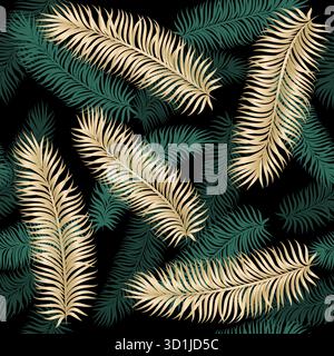 motif sans couture silhouettes vertes et dorées de feuilles de palmier tropical. conception pour carte de voeux de vacances et invitation de vacances d'été saisonnières Illustration de Vecteur