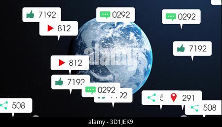 Rotation de la Terre montrant des bulles de notification de médias sociaux dans l'espace, avec des comptes d'engagement Banque D'Images