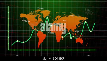 Affichage de la carte du monde orange sur le tableau de bord sur une grille verte avec des marqueurs graphiques au néon et des étiquettes numériques Banque D'Images