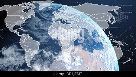 Affichage stylisé du globe terrestre tournant dans l'espace extra-atmosphérique, avec des superpositions de bordure et des nœuds de données Banque D'Images