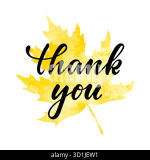 Feuille d'érable à l'aquarelle jaune. Merci calligraphie dessinée à la main et lettrage au stylo pinceau. conception pour carte de voeux et invitation de vacances Illustration de Vecteur