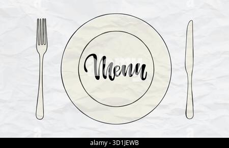 Couteau de coutellerie, fourchette, icônes de doodle vecteur de plaque avec menu de mots de lettrage. Conception pour menu restaurant et café. Couverts de cuisine, menu restaurant Illustration de Vecteur