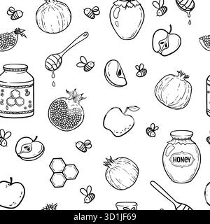 Pommes à motif sans couture, miel, grenade. Fête juive. Bonne année en hébreu. Modèle pour concevoir des cartes de vœux de vacances et des invitations Illustration de Vecteur