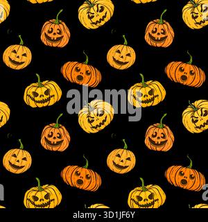 Citrouille d'Halloween. Modèle sans couture de citrouilles orange avec des visages brillants mignons et épouvantables souriants sculptés. conception pour carte de voeux et invitation de vacances Illustration de Vecteur