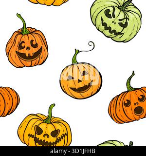 Citrouille d'Halloween. Modèle sans couture de citrouilles orange avec des visages brillants mignons et épouvantables souriants sculptés. conception pour carte de voeux et invitation de vacances Illustration de Vecteur
