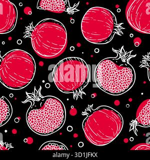 Modèle sans couture de grenades noires, rouges et blanches. Nourriture végétarienne saine. Bande dessinée de dessin animé style doodle avec contour. Décoration pour cartes de vœux Illustration de Vecteur
