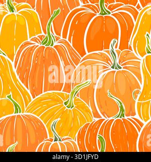 Modèle sans couture avec citrouille dessinée à la main dans le style de bande dessinée. Joli motif automne textile sans couture. conception pour carte de vœux et invitation de saison Illustration de Vecteur