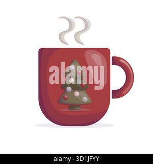 Tasse de Noël rouge avec illustration d'arbre décorée Illustration de Vecteur