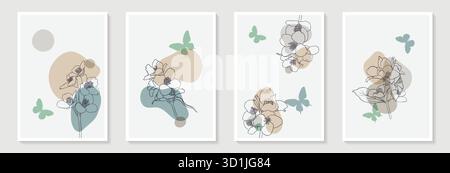 Ensemble d'illustrations de dessin à la main minimaliste créatif contour floral, silhouette de papillon et forme simple de biège pastel pour la décoration murale, carte postale Illustration de Vecteur