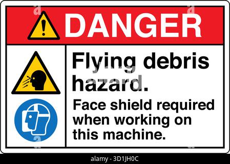 Autocollant de sécurité – risque de débris volants avertit de blessures potentielles causées par des particules ou des objets éjectés pendant le fonctionnement. Indique le besoin d'yeux et de visage p Illustration de Vecteur