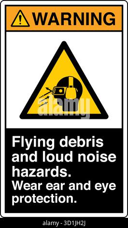 Autocollant de sécurité – risque de débris volants avertit de blessures potentielles causées par des particules ou des objets éjectés pendant le fonctionnement. Indique le besoin d'yeux et de visage p Illustration de Vecteur