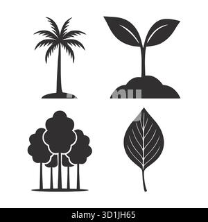 Ensemble d'icônes de silhouette de croissance des plantes – palmier, germe, forêt, feuille – Collection vectorielle nature et écologie Illustration de Vecteur
