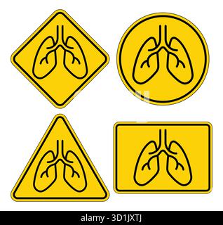 Cette image présente quatre icônes pulmonaires distinctes sur un fond jaune vif. Chaque icône est présentée dans une forme géométrique différente, soulignant respir Illustration de Vecteur