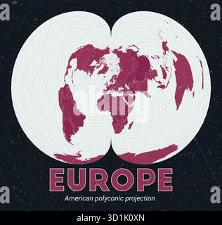 Europe. Carte du monde. Projection polyconique américaine centrée sur l'Europe. Palette Pink foncé menthe pâle. Texture vintage. Illustration vectorielle tendance. Illustration de Vecteur