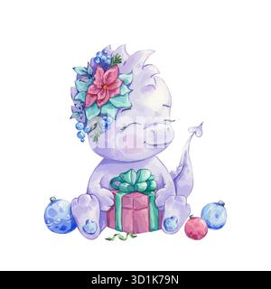 Un dragon mignon avec des fleurs sur sa tête et un cadeau dans ses mains. Aquarelle. Banque D'Images