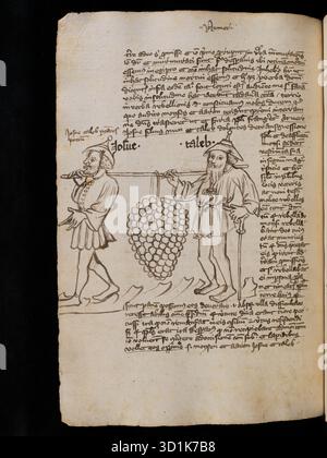 Page d'un manuscrit avec commentaires sur les livres des nombres et du Deutéronome, écrit en 1397 par le prêtre de Fribourg Rüdiger Schopf, décoré de dessins à la plume et à l'encre en partie colorés. Banque D'Images