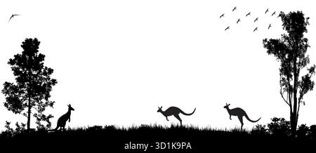 Une scène de silhouette tranquille avec des kangourous errants, un grand arbre et des oiseaux en vol à travers une plaine herbeuse sous un ciel dégradé doux. Illustration de Vecteur
