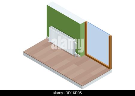 Intérieur isométrique avec radiateur mural. Concept de chauffage intérieur, régulation de la température et système climatique économe en énergie. Illustration de Vecteur
