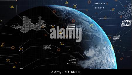 Montrant le globe terrestre projetant une superposition numérique dans l'espace avec maillage hexadécimal, nœuds et blocs de données Banque D'Images