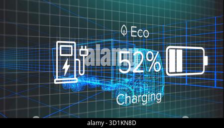 Semi-camion filaire mobile dans une grille 3D virtuelle, montrant l'icône de charge EV, l'icône de batterie et le texte à 52% Banque D'Images
