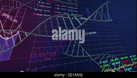 Des brins d'hélice d'ADN flottant en 3D dérivant à travers le tableau de bord numérique, avec des graphiques financiers et des tickers Banque D'Images