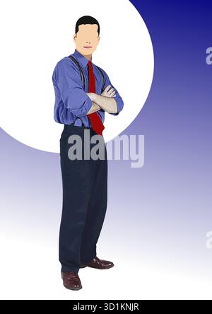 Illustration d'un homme d'affaires confiant debout avec les bras croisés. Dessiné à la main Illustration de Vecteur