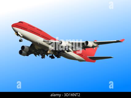 Un gros avion de passagers décolle de la piste de l'aéroport par une journée ensoleillée. Dessiné à la main Illustration de Vecteur