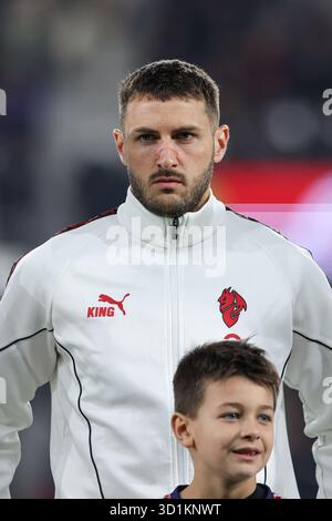 Bergame, Italie. 28 octobre 2025. Santiago Gimenez de Milan a vu pendant le match de Serie A entre Atalanta B.C. et A.C. Milan au New Balance Stadium à Bergame. Crédit : Gonzales photo/Alamy Live News Banque D'Images
