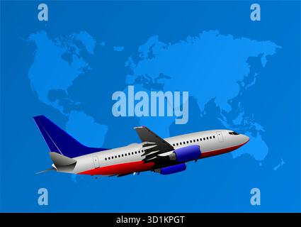 L'avion survole une carte stylisée du monde représentant des concepts tels que le voyage mondial et le tourisme. Illustration dessinée à la main Illustration de Vecteur