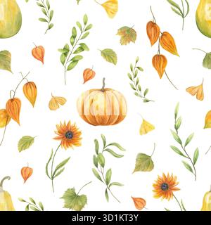 Aquarelle automne orange vert modèle sans couture sur fond isolé. Citrouilles, fleurs, physalis, feuilles ornées. Illustration florale délicate Banque D'Images