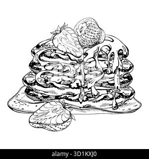 Crêpes empilées de fraises, sirop ou confiture arrosent sur des flapjacks servis sur un plat en argile. Illustration de nourriture dessinée à la main dans l'encre vectorielle. Blogs de recettes Illustration de Vecteur