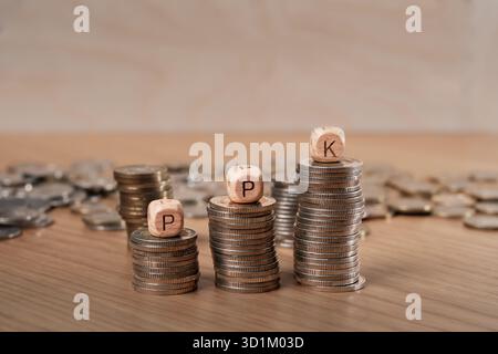 Cubes en bois avec lettres PPK (Employee Capital plans â€“ Pracownicze plany KapitaÅ‚Owe) sur des piles de pièces polonaises symbolisant l’épargne sur le lieu de travail et la croissance financière. Banque D'Images
