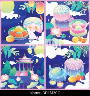 Compositions de mi-automne à quatre panneaux avec lanternes de gâteaux de lune et nature dans un style plat dessiné à la main Illustration de Vecteur
