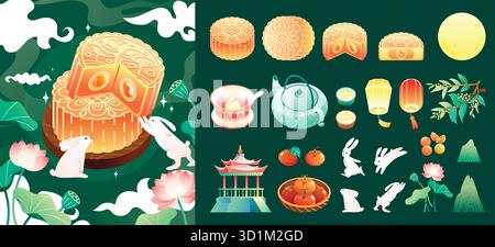 Icônes de la mi-automne serties de gâteaux de lune lapins, lanternes aux fruits et théière dans un style plat dessiné à la main Illustration de Vecteur