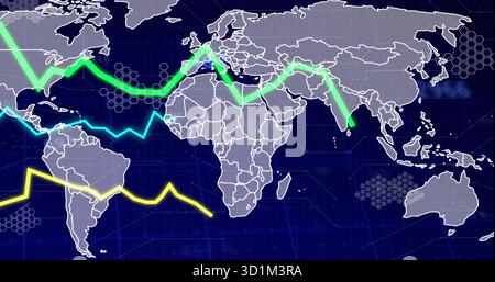 Affichage d'une carte du monde montrant les lignes de tendance vert néon, cyan et jaune sur une grille hexagonale bleu foncé Banque D'Images