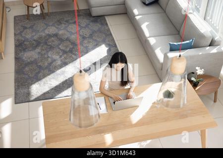Femme travaillant à distance dans un appartement ensoleillé moderne Banque D'Images