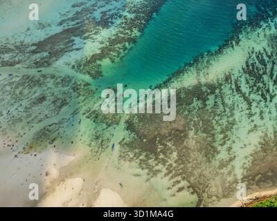 Vue aérienne des eaux turquoises embrassant le rivage, révélant des motifs complexes sous la surface, une danse de lumière et d'ombre créant un éthéré Banque D'Images