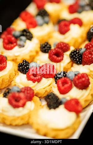 Tartelettes de fruits assorties garnies de framboises, de mûres et de bleuets disposées sur un plateau de service. Banque D'Images