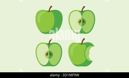Ensemble d'illustration de pomme verte montrant des fruits entiers, coupés en deux et mordus pour la nourriture, la nutrition et les thèmes de conception d'alimentation saine Illustration de Vecteur